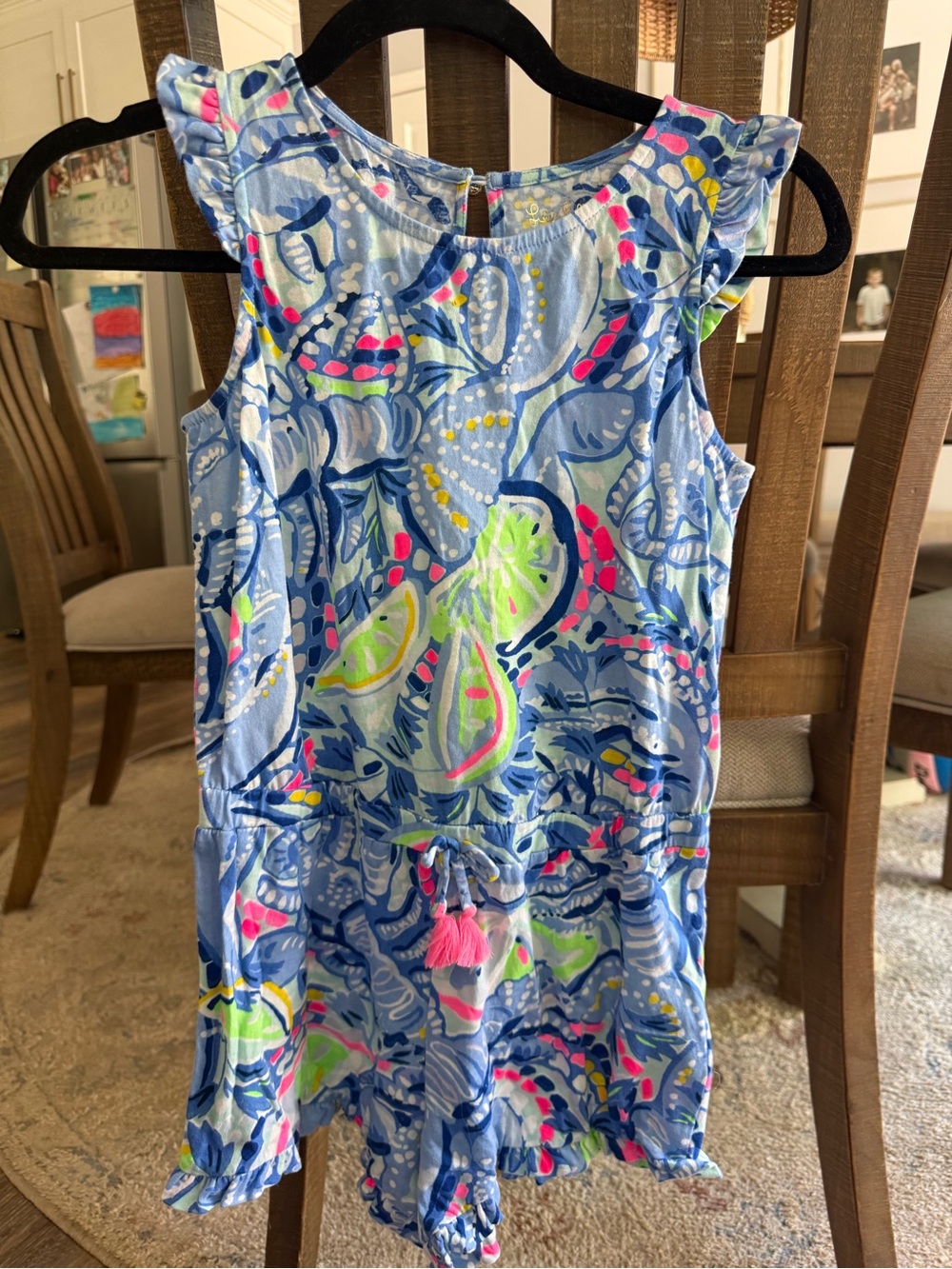 Lilly Pulitzer Blue Tropical Cotton Romper with Pink & Lime Accents